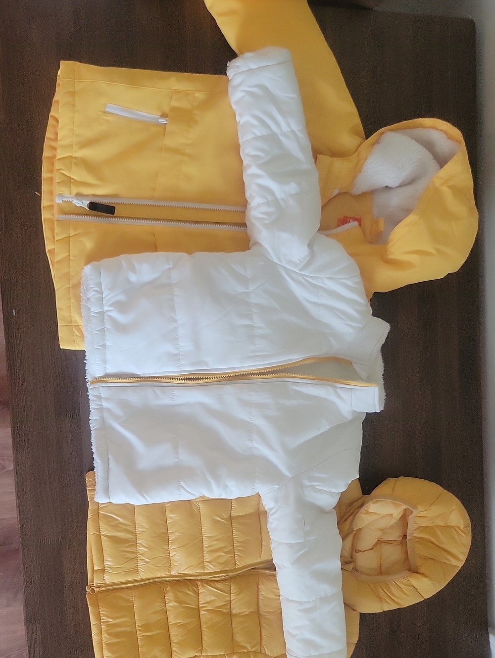 Kids Reversible Yellow & White Puffer Jacket - Lightweight Hooded Coat Set of 3